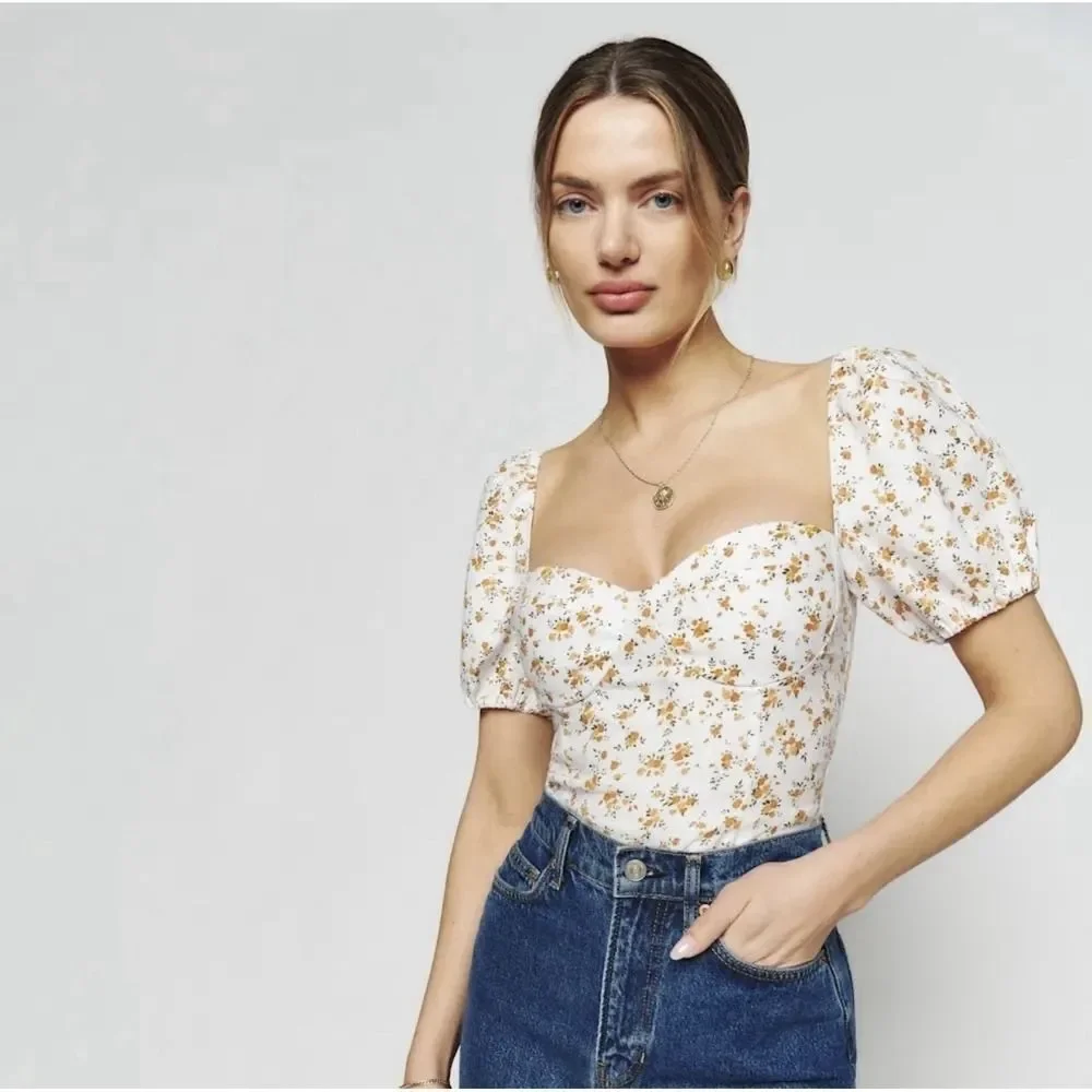 Reformation Andra Linen Top in Adagio Floral.Puff Sleeves. Zipper Closure.Sz 4